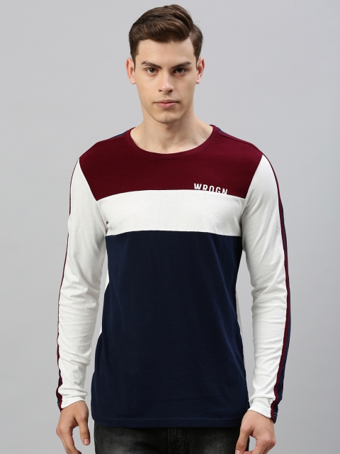 

WROGN Men Navy Blue & White Colourblocked Slim Fit Round Neck T-shirt