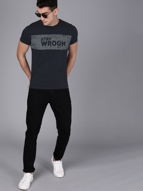 

WROGN Men Navy Blue Printed Round Neck T-shirt