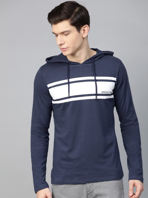 

WROGN Mens Navy Blue and White Slim Fit Striped Casual Hooded Pure Cotton T-shirt