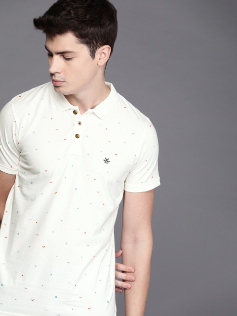 

WROGN Men Off-White Red Slim Fit Printed Polo Collar Pure Cotton T-shirt