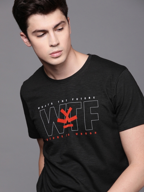 

WROGN Men Black Printed Round Neck T-shirt