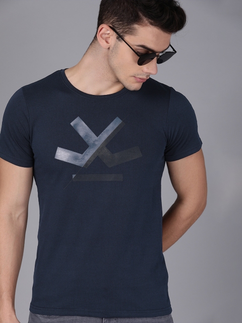

WROGN Men Navy Blue Printed Round Neck T-shirt