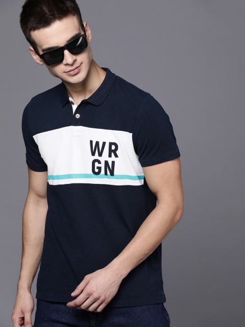 

WROGN Men Navy Blue & White Slim Fit Colourblocked Polo Collar T-shirt