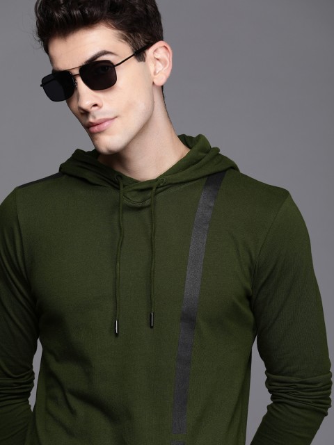 

WROGN Men Olive Green Solid Stripe Detailed Hood T-shirt
