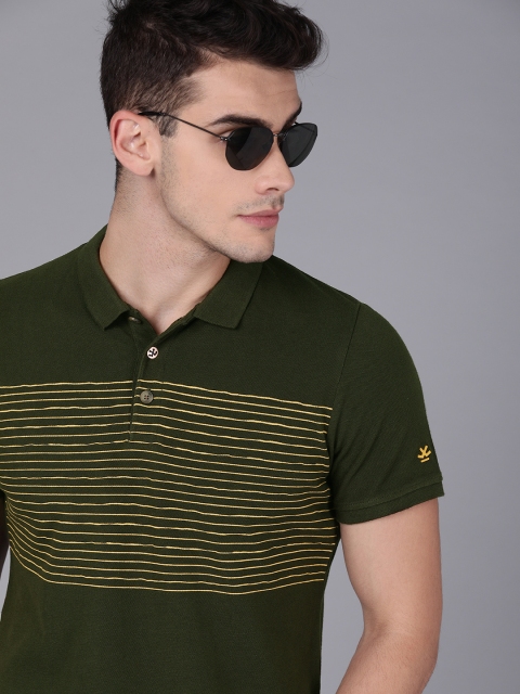 

WROGN Men Olive Green & Yellow Striped Polo Collar Slim Fit T-shirt