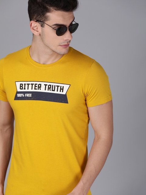 

WROGN Men Mustard Yellow Printed Round Neck T-shirt