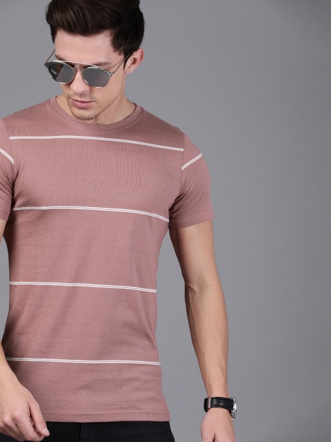 

WROGN Men Mauve & White Striped Round Neck T-shirt