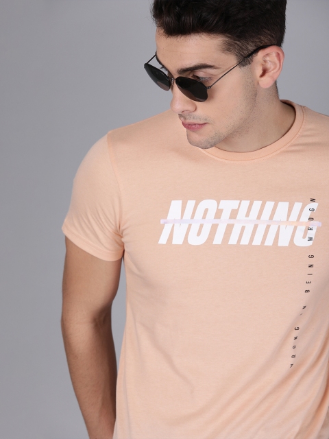 

WROGN Men Peach-Coloured Printed Round Neck T-shirt