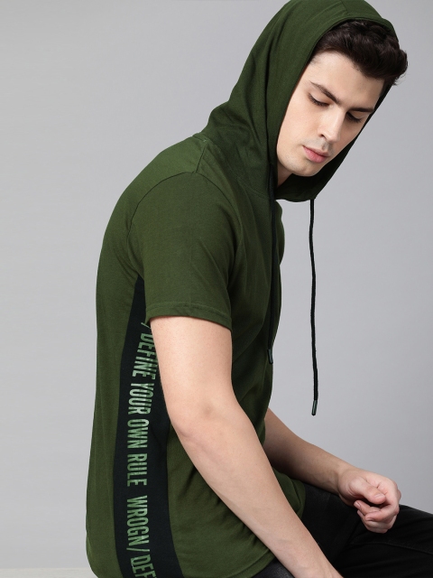 

WROGN Men Olive Green Solid Slim Fit Hood T-shirt With Printed Detail