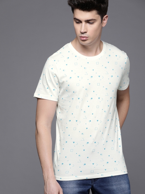 

WROGN Men White & Turquoise Blue Printed Slim Fit Round Neck T-shirt