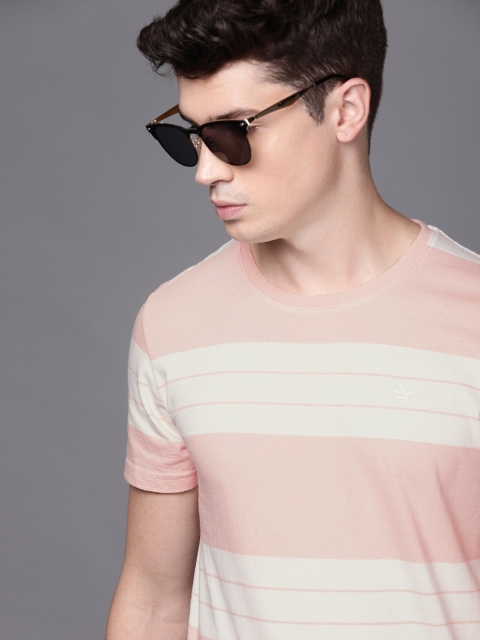 

WROGN Men Pink White Striped Slim Fit Round Neck Pure Cotton T-shirt