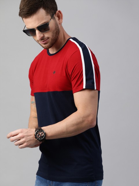 

WROGN Men Red Navy Blue Colourblocked Round Neck Pure Cotton T-shirt