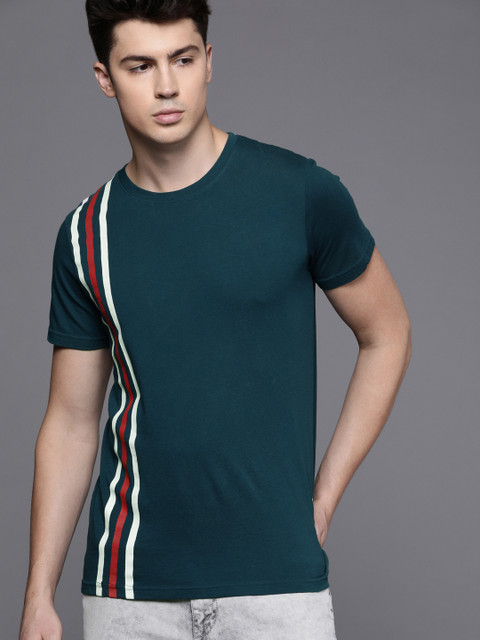 

WROGN Men Teal Blue & White Striped Slim Fit Round Neck T-shirt