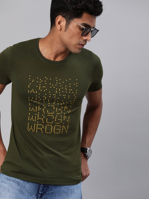 

WROGN Men Olive Green Printed Round Neck T-shirt
