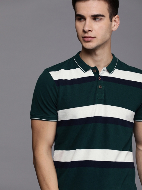 

WROGN Men Teal Green White Slim Fit Striped Polo Collar Pure Cotton T-shirt