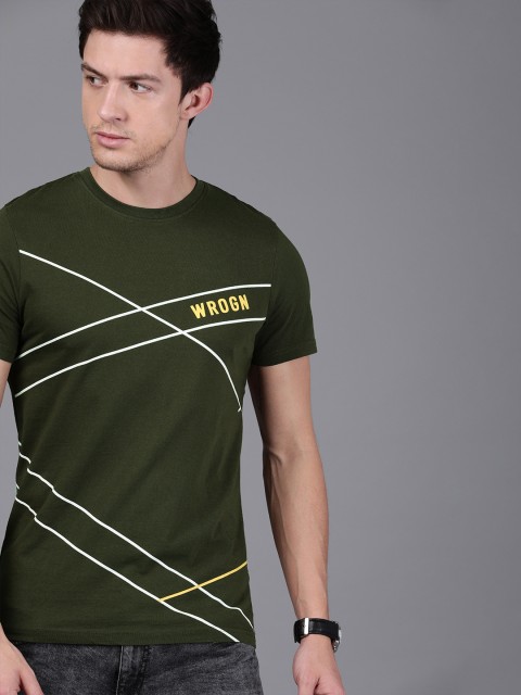 

WROGN Men Olive Green Printed Slim Fit Round Neck T-shirt