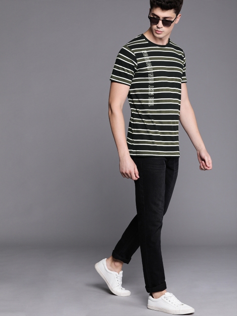 

WROGN Men Olive Green & Black Striped Slim Fit Round Neck T-shirt