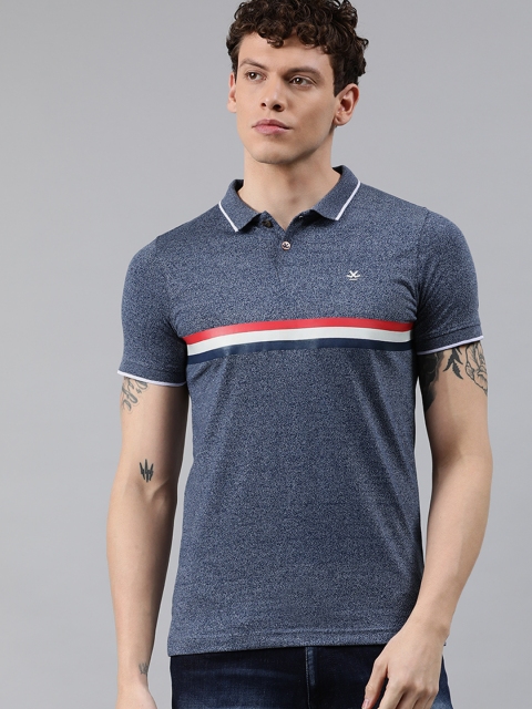 

WROGN Men Navy Blue Striped Polo Collar Grindle Effect T-shirt