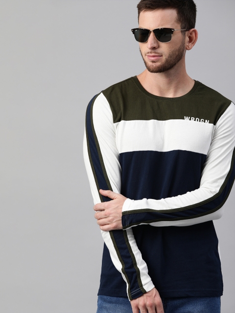 Men Navy Blue White Colourblocked Round Neck Pure Cotton T-shirt