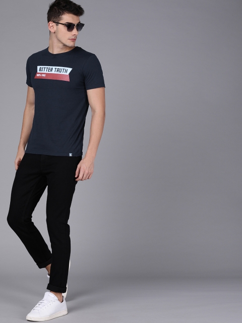 

WROGN Men Navy Blue Printed Round Neck T-shirt