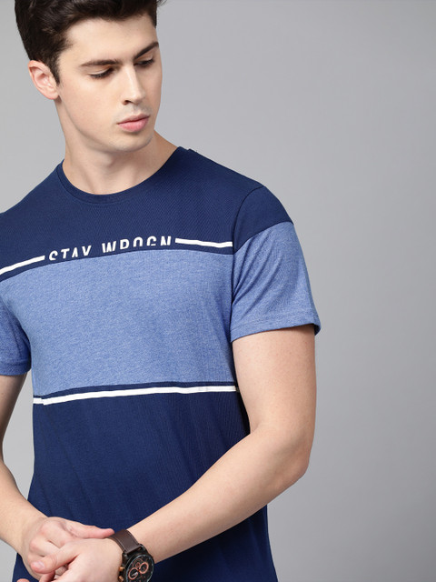 

WROGN Men Blue Colourblocked Slim Fit Round Neck T-shirt
