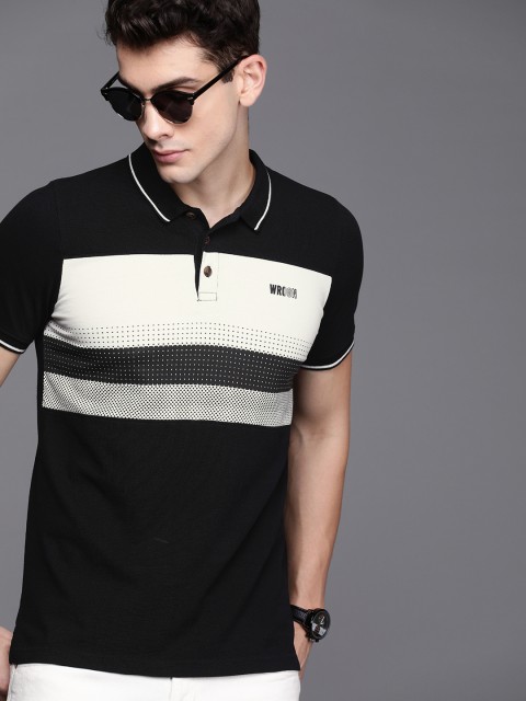 

WROGN Men Black & White Colourblocked Polo Collar T-shirt