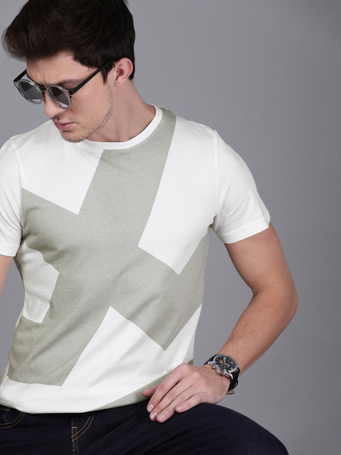 

WROGN Men White & Grey Printed Slim Fit Round Neck T-shirt