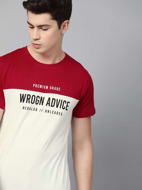 

WROGN Men White & Red Colourblocked Slim Fit Round Neck T-shirt