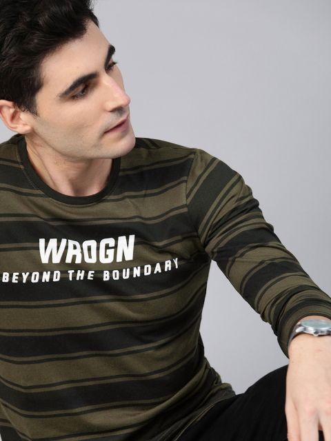 

WROGN Men Olive Green Striped Round Neck T-shirt with Print Detail