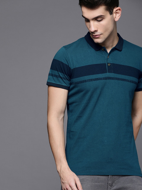

WROGN Men Teal Blue Striped Slim Fit Polo Collar T-shirt