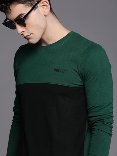 

WROGN Men Green & Black Colourblocked Slim Fit Round Neck T-shirt