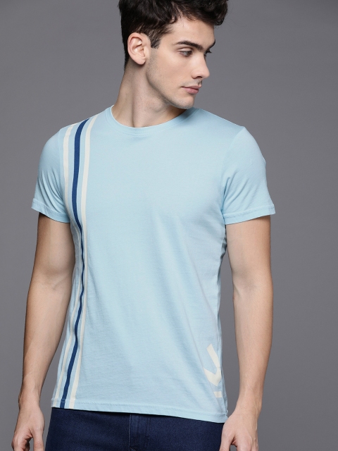 

WROGN Men Blue Striped Slim Fit Round Neck T-shirt