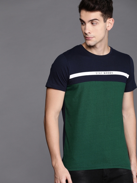 

WROGN Men Green & Navy Blue Colourblocked Slim Fit Round Neck T-shirt
