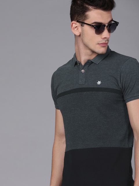 

WROGN Men Charcoal Grey Colourblocked Polo Collar T-shirt