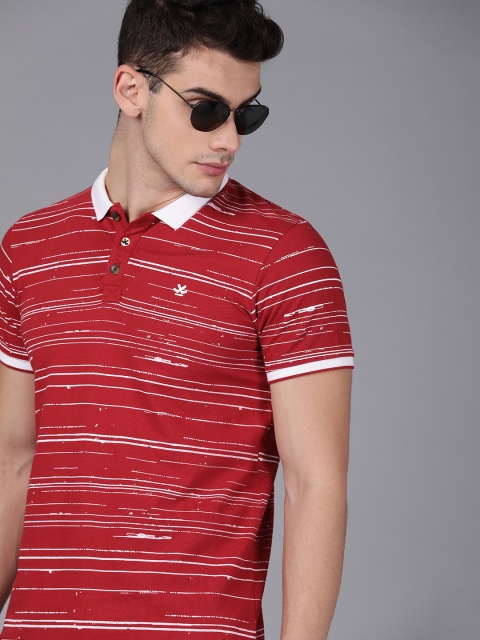 

WROGN Men Red & White Striped Slim Fit Polo Collar T-shirt