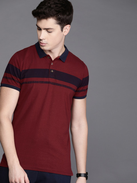 

WROGN Men Maroon & Navy Blue Striped Slim Fit Polo Collar T-shirt