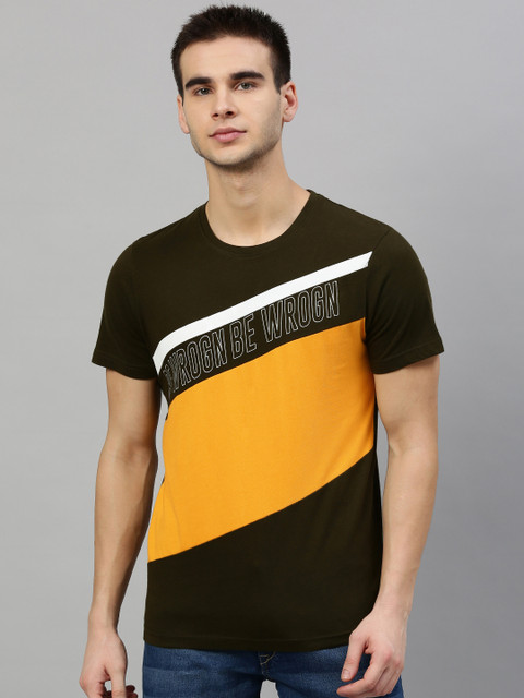 

WROGN Men Dark Olive Green Yellow Colourblocked Slim Fit Round Neck Pure Cotton T-shirt