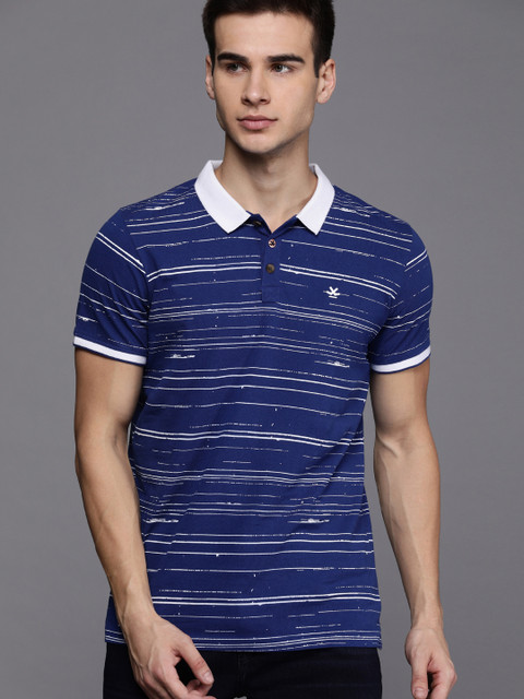 

WROGN Men Blue & White Striped Slim Fit Polo Collar T-shirt