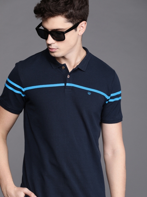 Men Navy Blue Striped Slim Fit Polo Collar Pure Cotton T-shirt