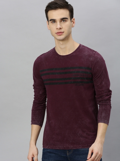 

WROGN Men Burgundy Black Striped Slim Fit Round Neck Pure Cotton T-shirt