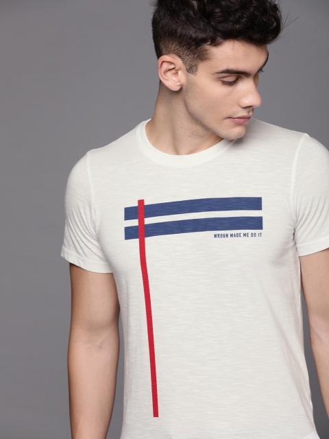 

WROGN Men White & Blue Striped Round Neck T-shirt