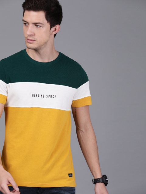 Men Mustard Yellow Green Colourblocked Slim Fit Round Neck Pure Cotton T-shirt