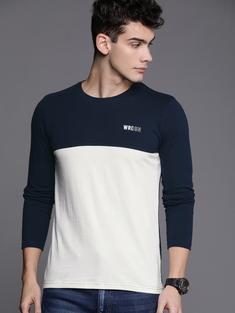 

WROGN Men Navy Blue White Colourblocked Slim Fit Round Neck Pure Cotton T-shirt