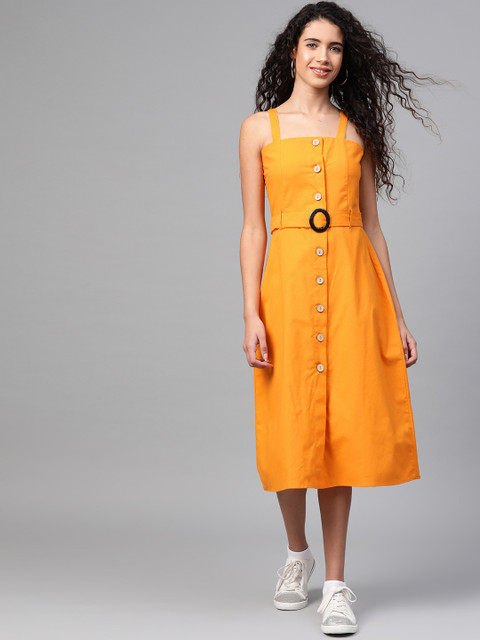 

SASSAFRAS Women Mustard Yellow Solid Pinafore Dress