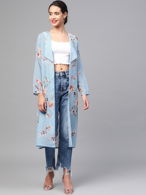

SASSAFRAS Women Blue & Peach-Coloured Printed Longline Open Front Shrug