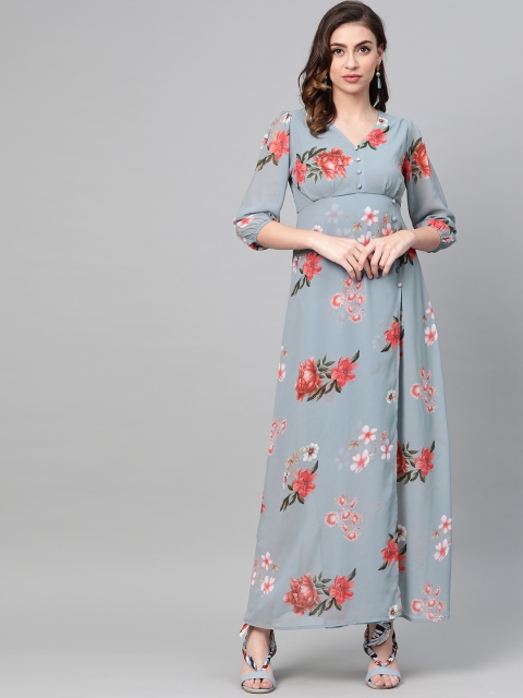 

SASSAFRAS Women Grey & Peach-Coloured Printed Maxi Dress