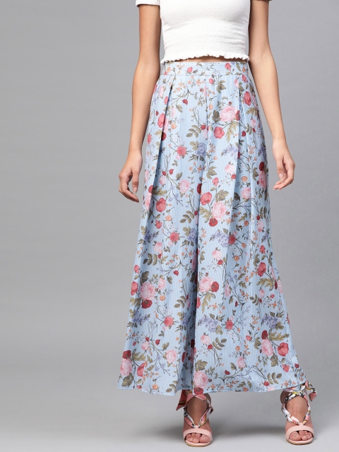 

SASSAFRAS Women Blue & Coral Pink Printed Flared Palazzos