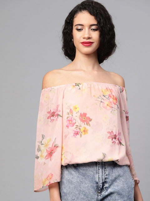 

SASSAFRAS Women Peach-Coloured & Pink Floral Print Bardot Top