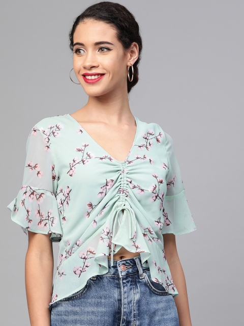 

SASSAFRAS Women Sea Green & Pink Crop Floral Print A-Line Top