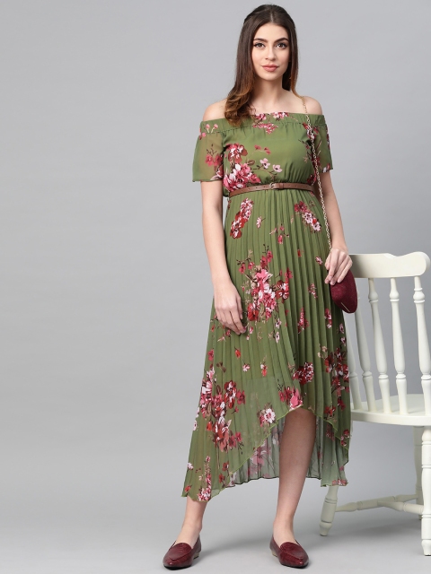 

SASSAFRAS Women Olive Green & Pink Off-Shoulder Accordion Pleat Printed Empire Dress